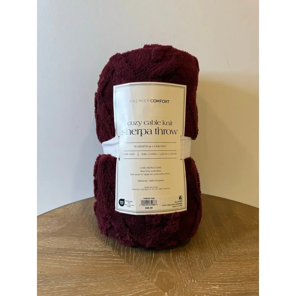 Premier Comfort Sherpa Throw Cozy Cable Knit Blanket Burgundy 50x60 NEW
